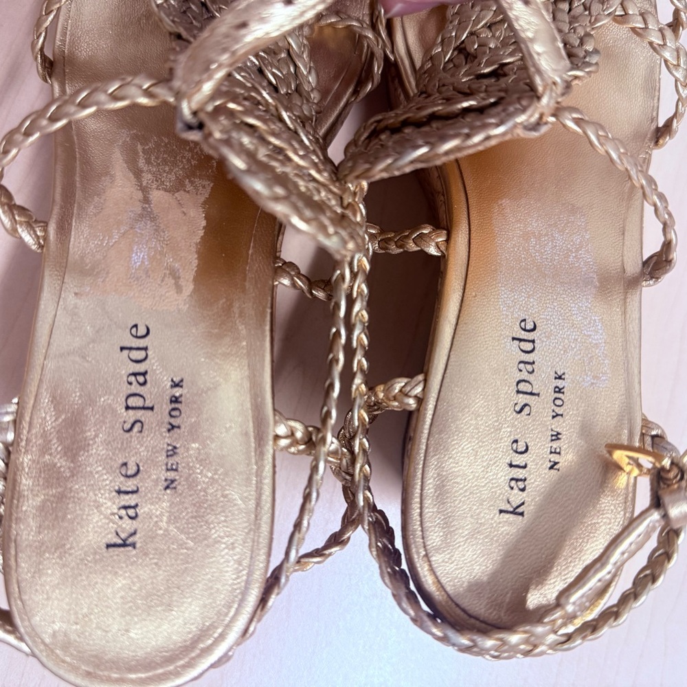 Kate Spade New York Metallic Gold Braided Leather Slingback Wedge Heels Size 5.5 - Picture 8 of 11